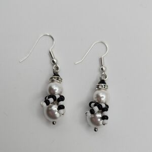 White and Black Beaded Snowman Earrings with Crystals
